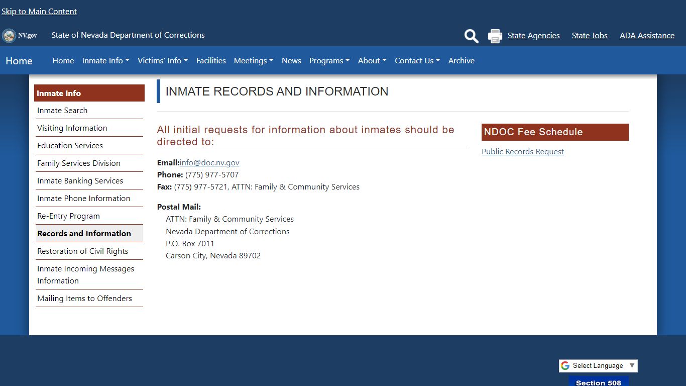 Inmate Records and Information | Nevada Department of Corrections